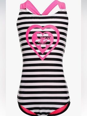 🚘 🆕 Striped Black & White One-Piece Swimsuit with Pink Heart Graphic size Large